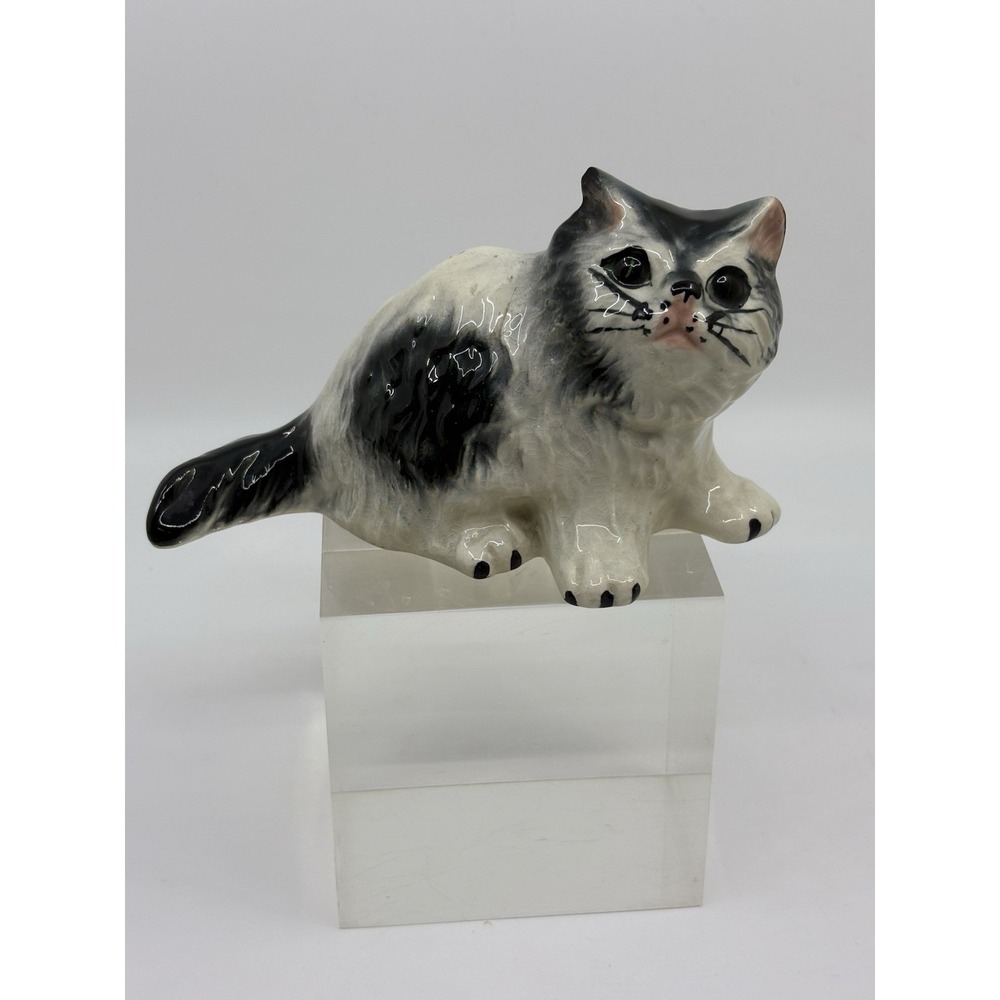 Hand Painted Ceramic Black & White Cat Small